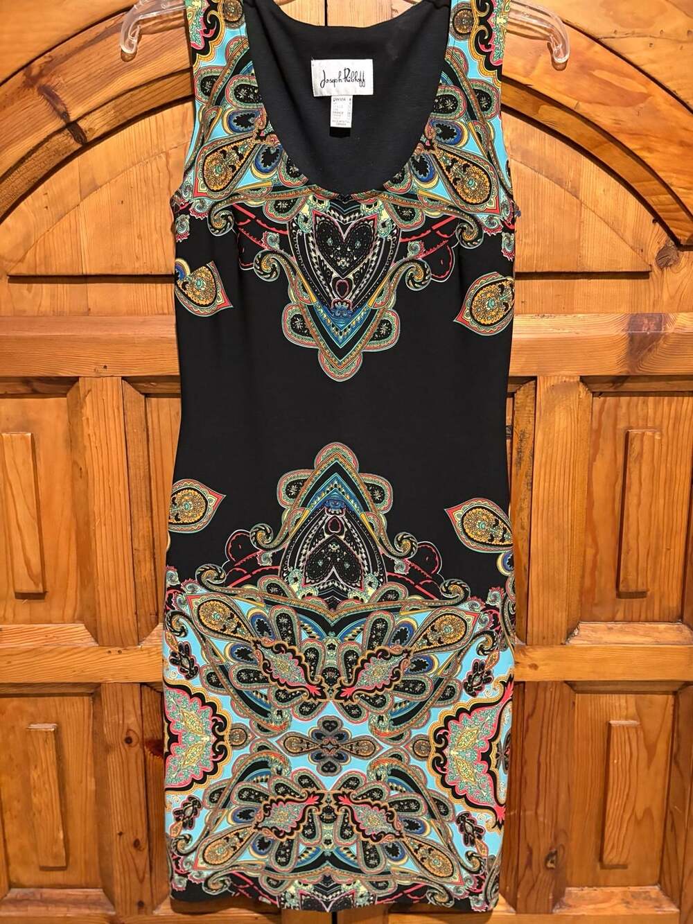 Joseph Ribkoff Boho Chic Sleeveless Paisley Dress Size 6 Black Multicolor